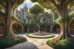 A panoramic view of the Library Gardens, where medieval fantasy meets ancient nature. Winding stone paths meander beneath towering centuries-old trees whose massive canopies create a living cathedral ceiling, casting intricate shadow patterns below. Hanging vines and multicolored flowers cascade from branches, while climbing plants embrace the ancient trunks. Natural sitting areas are formed by time-smoothed boulders and fallen tree trunks, polished by centuries of readers. The library itself em