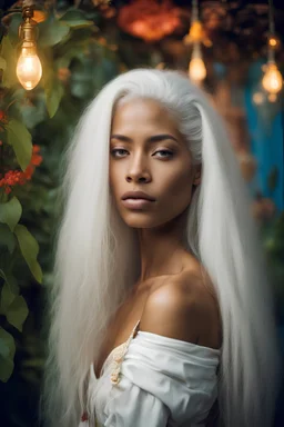 The Hasselblad photo portrait of a beautiful and mysterious mixed race light mulatto woman with very long white hair. in a setting worthy of the greatest dream gardens and colorful paintings, astonishing lighting ambiance, epic, fashion, haute couture, art, detailed original posed watching camera