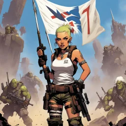 tank girl young with a white flag blocks tall orcs and giants, she is the soldier of peace