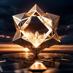 In a mesmerizing scene, envision 4 diamond and silver and gold symetric hexagonal prism repeating 3d mandelbolb fractal structure halfly filled with water splash against the backdrop of a gleaming modern futuristic future stormy sunset cityscape. Suddenly, without warning, the hexagonal prism begin to collapse and cascade to the floor, creating a symphony of light and sound as they shatter into a myriad of sparkling fragments. Explore the juxtaposition of beauty and destruction in this captivati