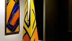 A yellowish orange colored crystal obelisk painted by Roy Lichtenstein