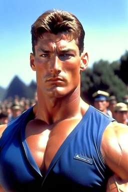 20-year-old, extremely muscular, short, curly, buzz-cut, military-style haircut, pitch black hair, Paul Stanley/Elvis Presley/Pierce Brosnan/Jon Bernthal/Sean Bean/Dolph Lundgren/Keanu Reeves/Patrick Swayze/ hybrid, as the extremely muscular Superhero "SUPERSONIC" in an original patriotic red, white and blue, "Supersonic" suit with an America Flag Cape,