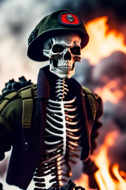 ultra high definition image of an attractive but scary looking skeleton, rising from the ashes, a war veteran, partially humanlike characteristics, army beret and ripped amo wear, very detailed, chaotic background, dramatic close-up action shot of him on a burned out war tanker with a torpedo on shoulder ready to fire and ammo ,gothic and dark theme, 12k