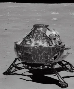 Crashed futuristic industrial space ship on the moon lunar surface