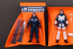 Mike pence G.i. Joe toy doll Space force uniform With accesories inside a blister packaging hanging on a Wall rack in toystore, fluorescent orange, toy guns, wide angle shot whole body, black moonboots, fullsize