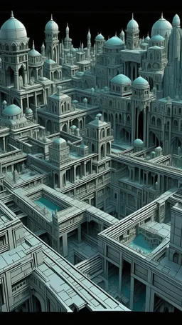 A grayish mint colored ancient African cyberized city made out of steel painted by MC Escher