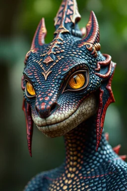 Female Argonian humanoid big golden eyes human lops golden-red-black scales realistic hoding a spire