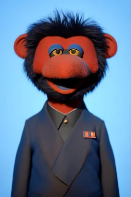 Waist up muppet Portrait, Kim Jong-un as muppet doll, black suit, photo studio, blue background, unreal engine 5, concept art, art station, god lights, ray tracing, RTX, lumen lighting, ultra detail, volumetric lighting, 3d.