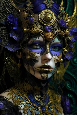 Beautiful young faced vantablack materiál half lace ornate face masque ribbed woman portrait, wearing Golden dust and amethyst mineral stone and violet orchid vantablack goth decadent headdress, golden and violet Dusty make up on, adorned with embossed botanical and floral goth shamanism costume organic bio spinal ribbed detail of transculent malachite fine line embossed background extremely detailed hyperrealistic maximálist concept portrait