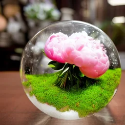  Cinematic shot of peonies inside a glass ball, antique shop, glass, crystal, flowers, moss, rocks, luxurious, terrarium