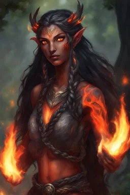 Fire Eladrin druid female. Hair is long and bright black part glows. Part of hair is braided and fire comes out from it. Big bright red eyes. Is generating fire with her hands and fire are coming our off them . Skin color is dark. Has a big deep scar on face.