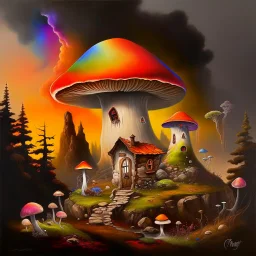 A rustic white, orange, and green (((mushroom house))) perched atop a (tall geologic pillar), surrounded by a ((( rainbow haze ))), offset by the subtle hues of an (dark space scape), within. captured by the hand a skilled master painter with a focus on (hard bold compositions and voluminous lighting).detailed matte painting, deep color, fantastical, intricate detail, splash screen, exaggerated colors, fantasy concept art, 8k resolution