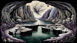 painted inner world with uncontrolled mind and neurodivergens soul, floating rocks over surreal cracked weird landscape . between two dark door one stone bridge over black river, . deep dark purple, gray, black, white, brown, malachit, cream color. Whimsical strange style of Chagall, of Quentin Blake, andYoshitaka Amano of Anton Semenov. No people in picture, weird absurd beauty nightmare, black shadow, in background neuronic network, surreal vibe,