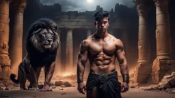 Hyper Realistic Handsome Muscular Shirtless Young King with short-black-hair standing with Black-Lion-with-horns-on-his-head inside a ruins of a lost-city between a desert at dark night with dramatic & cinematic ambiance