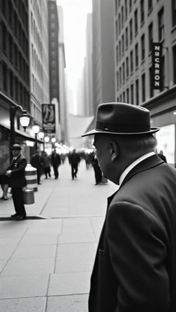 An old picture style of black and white mono very bad quality looks very old camera picture with cracks of trump walking with frank Sinatra in New York street year 1900 in the background from a distance