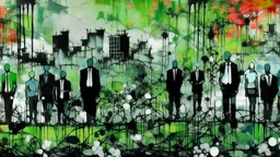 abstract painting, Echoes of Lost Eras, silhouettes of modern business people in a flowery green field, the silhouette is pasted with early 20th century black and white photos of damaged grainy, smoky, dirty industrial estates and business people covered with colorful financial graphiconsuse flat bright colors displayed art, Charcoal, Metallic Ink: merging into walls of shadow., refugees, conformity, Analogue film photo, 1950s, candid, retro analog, 35mm film, film grain,