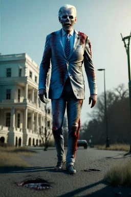 Ultra realistic image, joe biden zombie, zombie performance, suit, skull, blood, torn arm, night, walking twisted, waist up view, thriller style, dark ambient, highly detailed, White House background, concept art, unreal engine 5, god rays, ray tracing, RTX, focal lighting, ultra detail, volumetric lighting, 3d, finely drawn, high definition, high resolution.