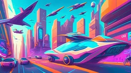 Colourful ultra cool futuristic city, futuristic flying vehicles, busy street view, in sketch art style, with blank billboards, Some crypto/web3 event happening around the city, similar style as in the banner of this website - https://ethindia.co/