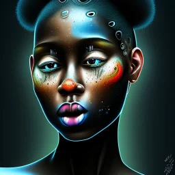 Portrait of a young black woman crying. Tears the colour of oil. Depression seeping out of her eyes nose and mouth like a oil spill