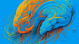 A digital serigraphy by Moebius and Myazaki of a digital brain. Colors are blue and orange.