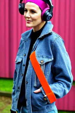 Fresh woman, no make-up, plum-blue-magenta-camouflage jacket. Old-fashioned things like CD's, microphone integrated to mask! Felt cloth visor with tippet. Orange cables, black, AKG headphones, golden rings. jacket materials are denim and felt cloth mixed. Fashion 1990's. Venue is a tiny old farm with Chicken and cockatoo, Natural Light. Possible clothes colours: Cream white, zinc plate, red ochre, ochre. Thick tights. Thick calves. wide hip