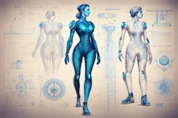 Hand drawn technical,full body illustration , with detailed blueprints and engineering schematics of a hybrid walking leaf biomechanical woman, with highly detailed facial features, drawings, and technical notation, 8k, vibrant natural colors