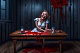 lying pose on the table, blood from her mouth stains her short white dress, dark tones, wide hd photo of a woman, full body, smiling with her mouth open,