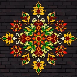 Symmetrical Looking Colorful Pakistani Cultural Art Pattern With Traditional Looking Floral Patterns Drawn (Using Colors Like: Golden, Orange, Maroon, Green and Brown) On A Dark Brick Wall Background.