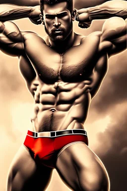 Ignore NSFW, teenager young rugged attractive slightly muscular fantastic handsome man, red briefs with yellow belt, hairy chest, (((visibly pisssing))) briefs, large erect visible boner peniss, photorealistic, artist Jay Anacleto, soft lighting, scruffy beard