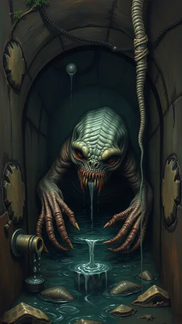 A big scary creature laying inside an underground water sewages with small pipes dripping dirty water in painting style of Bosch nightmares Art form