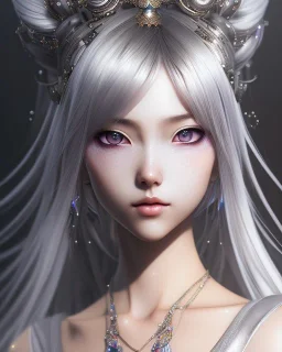 Detailed cute anime Kunoichi girl, silver hair buns, rainbow bangs, black latex bodysuit, intricate details, full body portrait, keep head in frame, slight smile, black Japanese motif, concept art, highly detailed, digital painting, concept art, sharp focus, illustration, art by Yoji Shinkawa, WLOP and greg rutkowski and alphonse mucha and artgerm and yanjun Chen and Junji ito and Makoto Shinkai, HDR, octane render