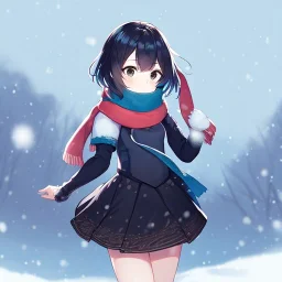 Clear focus, high resolution, Mihoyo Studio, Short crossed bangs, medium length back hair, snow in the background, small breast, black sparkling eyes, 1girl, wearing a medium length palleted skirt, scarf around neck, details on clothing design