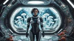 woman wearing an android suit standing inside the interior of an alien spaceship, with a large window, with mushrooms with jellyfish tentacles outside tentacles outside