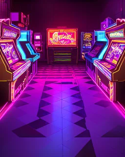 A dark photo of the corners of an 80's aesthetics arcade at night, with a lot of functioning arcade machines, a vaporwave floor and some colorful tiles in between the floor. Purple aesthetics. There are some pizza boxes over some of the arcade machines