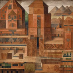 A brown underground mining factory designed in Mayan architecture painted by Paul Klee