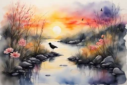 A creek, wet on wet, only one bird on a stake, sunrise, sunshine sunset, flower, elegant high detail fantastic view mystical magical ink and watercolor