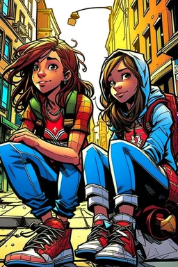 çizgi roman tarzıiki kız beraber sokakta oturuyorlar yaşları daha büyük liseliler daha renkli kızlardan birinin saçı kabarık diğerininki ise biraz uzun geniş açı ikisininde vücudu tam görünsün 2 boyutlu çizgi roman tarzı koyu gölgelendirme ayakları düzelt 3 boyutlu biraz daha üç boyutlu 3 boyutlu kızların fiziklerini değiştir yüz tiplerini değiştir keskin çizgiler olmasın doğum günü kutluyorlar