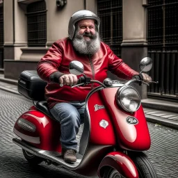 a photo of a fat man with beard riding a vespa wearing loriseg armor and helmet, red tunic, <lora:loriseg_V2-10:0.7>