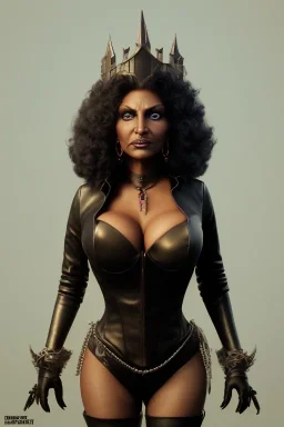 Pam Grier as evil queen in black leather, leather, busty, cleavage, angry, stern look. character design by cory loftis, fenghua zhong, ryohei hase, ismail inceoglu and ruan jia. unreal engine 5, artistic lighting, highly detailed, photorealistic, fantasy