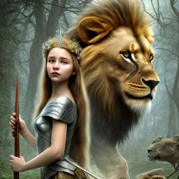 Young beautiful girl with floral crown standing next to a stunning lion on nature forest path, Chronicles of Narnia, 8k resolution, high-quality, fine-detail, iridescent, intricate, digital art, detailed matte, volumetric lighting, beautiful, illustration, 3D octane render, brian froud, howard lyon, selina french, anna dittmann, annie stokes, lisa parker, greg rutowski,