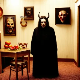 Flash photo of a room, 1980 horror movieshot, with chair, table, odd objects in background, ugly and scary mask, odd paintings hanging in the walls, rotten fruits, pair of glasses, horns, skin