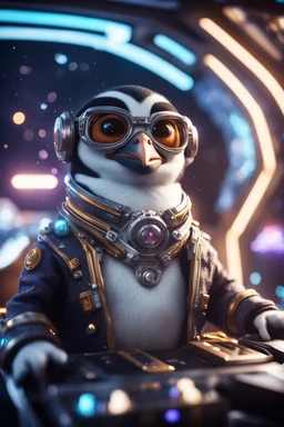 pen outline, really macho pimp gremlin penguin captain that go hard sitting in space station cockpit , in front of space portal dimensional glittering device, bokeh like f/0.8, tilt-shift lens 8k, high detail, smooth render, down-light, unreal engine, prize winning