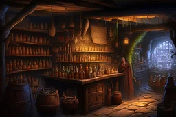 inside of a medieval shop, wooden walls, log pillars, stone bar with shop keeper behind it, magical ingredients on display and weapons on display. people, elves, goblins, orcs, dwarves and lizard folk in room