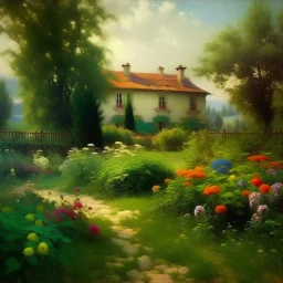 A green flower garden near a house painted by Ivan Aivazovsky