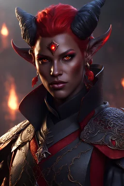 dnd character art of a tiefling warlock. high resolution cgi, 4k, short flush horns, tiny ears, bright red skin, , unreal engine 6, high detail, cinematic.