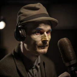 Espen Hæhre, norwegian composer and 3d artist in silver gloden studio and with a tiny weird hat, young dark and handsome, with thick hairy eyebrows, and tiny mic, directing a debate, photo-realistic, shot on Hasselblad h6d-400c, zeiss prime lens, bokeh like f/0.8, tilt-shift lens 8k, high detail, smooth render, down-light, unreal engine, prize winning