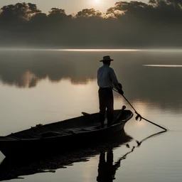 Pescador revisando su red trasmallo flotando en el agua, en su bote en primer plano con apariencia de islero del litoral de Santa Fe argentina (Río de llanura o Paraná medio ), de pantalón oscuro y camisa clara durante el alba y con el sol de fondo con una atmósfera con neblina y con el estilo de Juan Arancio.