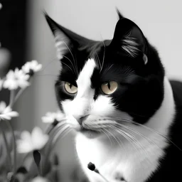 solid black and white thick on white of a cat with flowers at side