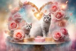 Beautiful composition, double exposure, merged layers, lifelike ethereal roses, birthday cake, cats - different kinds, gemstones, gold glitter, waterfall, heart, flame in sunshine