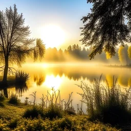 misty lake and trees at the sunrise